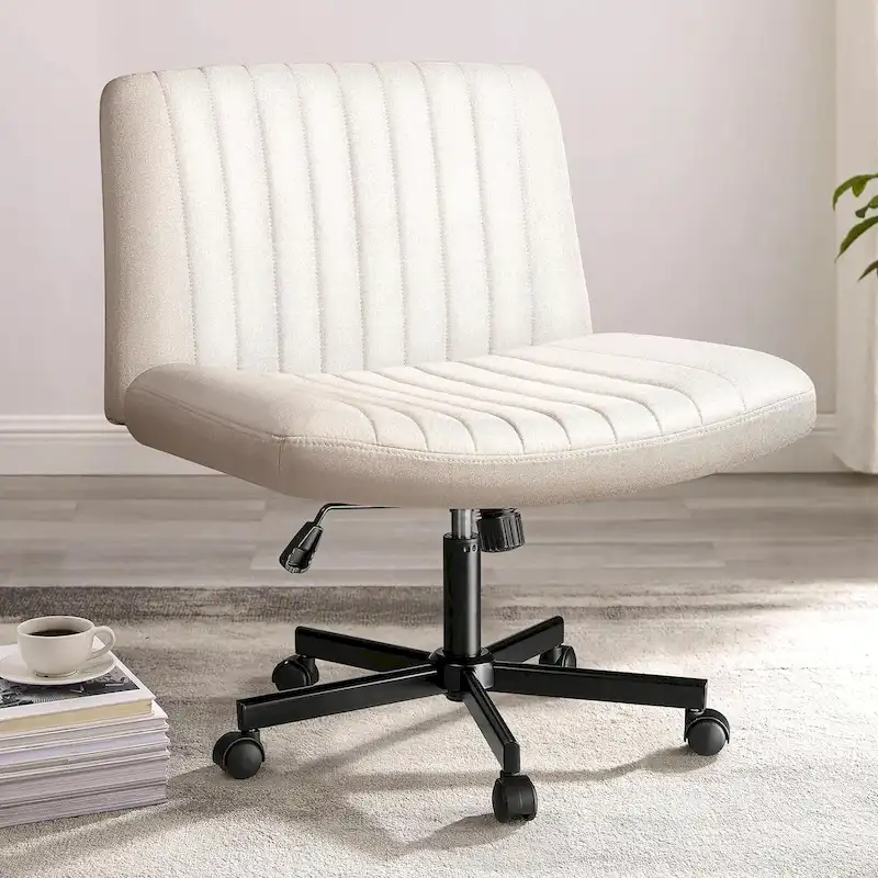 Criss Cross Chair Armless Office Desk Chair with Wheels,Fabric Padded Cross Legged Chair, Swivel Wide Seat Vanity Chair