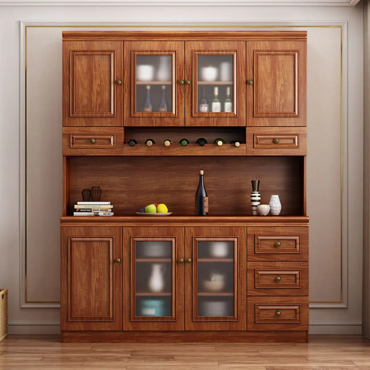Modern Wood Buffet with Drawers and Glass Doors