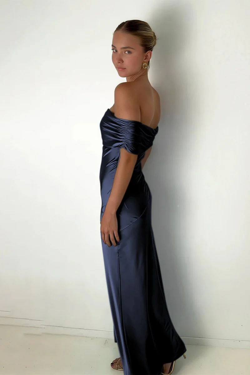 Aqua Sheath Off The Shoulder Satin Long Prom Dresses
