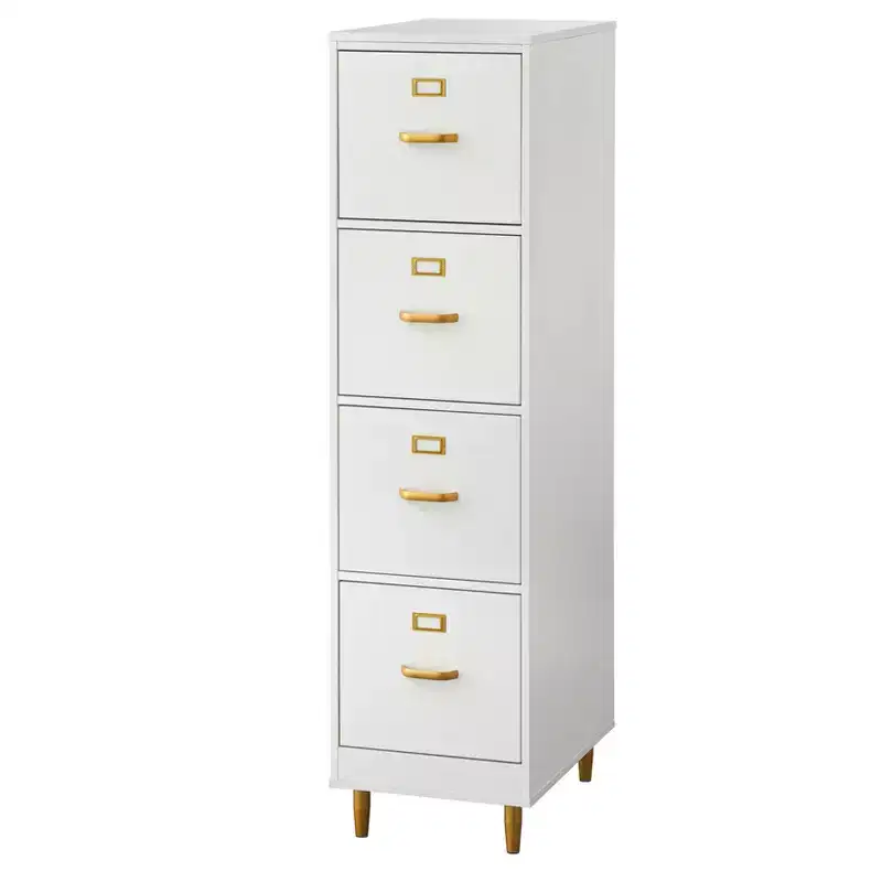 Buylateral Dixie 4 Drawer Filing Cabinet White: Gold-Tone Hardware, MDF, Space-Saving Design