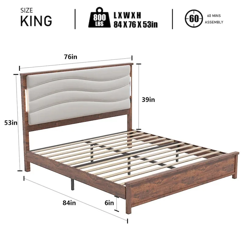 King Bed Frame with Upholstered Headboard, Charging Station, LED Lights, Wood Slats, No Box Spring Needed, Easy Assembly