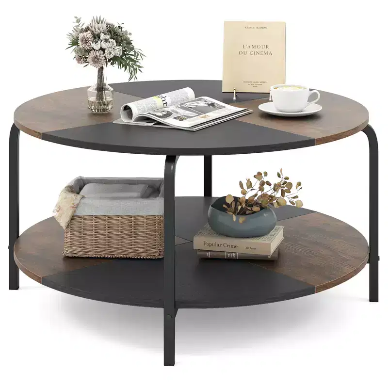Costway 2-Tier Round Coffee Table w/Storage Shelf Metal Frame for Living Room Apartment Rustic Brown