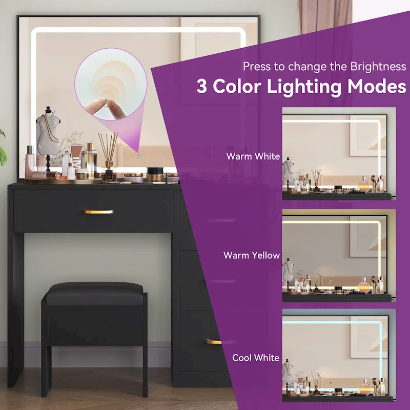 Moasis Makeup Vanity Table Cushioned Stool Vanity Desk Set - 35.43L x 15.74W x 53.54H