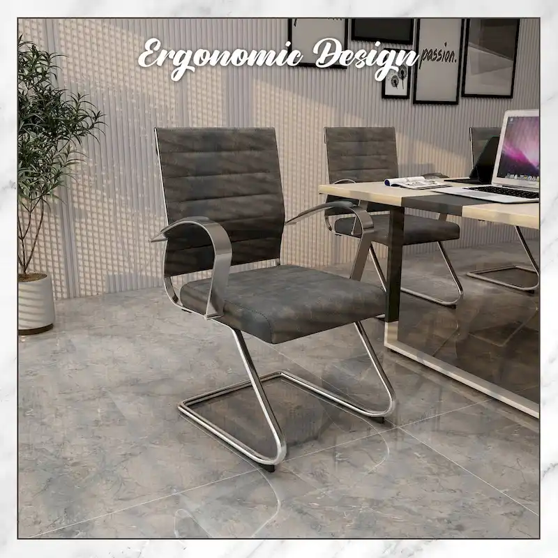 Leather Office Chair with Stainless Steel Sled Base Benmar Series by LeisureMod