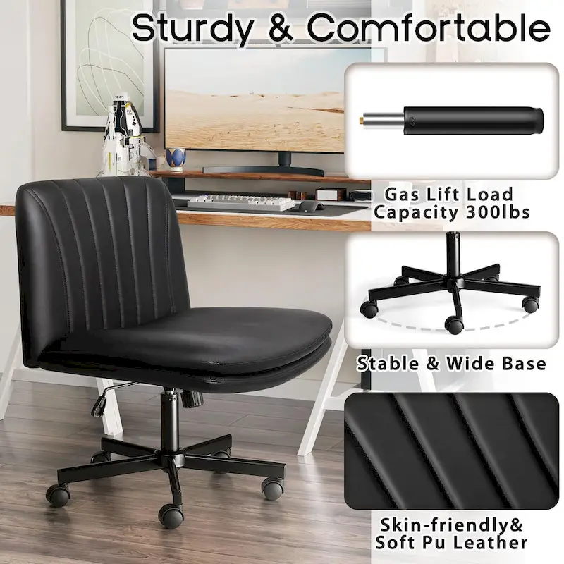 Cross Chair with Wheels,PU Leather Armless Cross Legged Office chair, Adjustable Wide Seat Task Vanity Chair