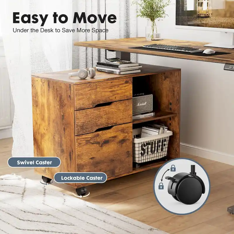 Mobile Lateral File Cabinet & Printer Stand with 3 Drawers and 2 Open Shelves