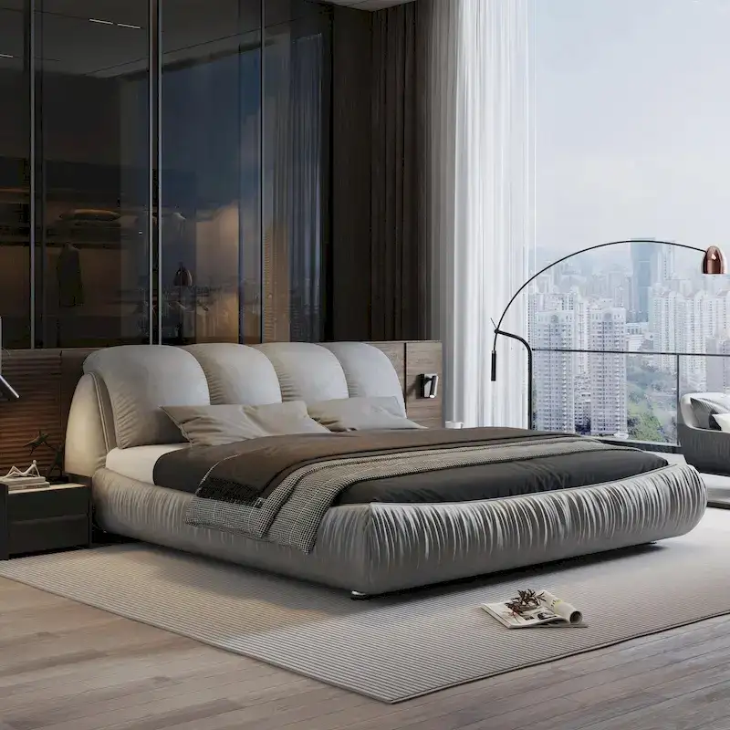 King Size Upholstered Platform Bed with Oversized Padded Backrest