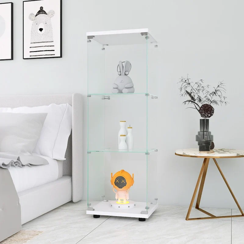 Glass Display Cabinet with 3 Shelves, One-Door Curio Cabinets, White Floor Standing Glass Bookshelf, Quick Installation