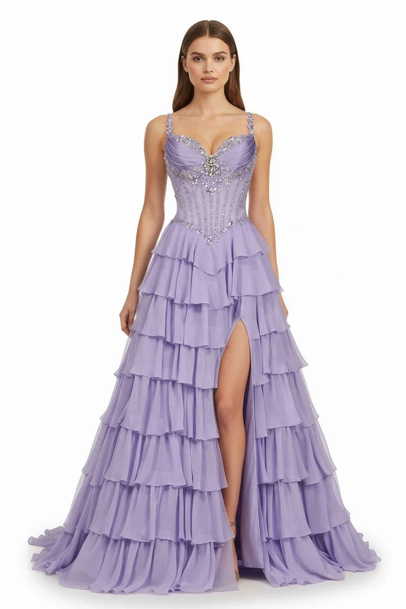 Lilac Sweetheart Chiffon Ruffled A Line Long Formal Prom Dresses With Beading