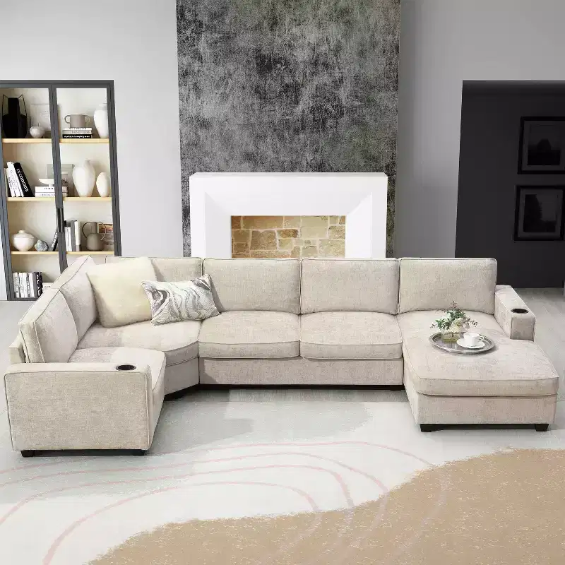 Whisen U Shaped Sectional Sofa,6 Seat Chenille Corner Couch Set with Oversized Chaise Lounge