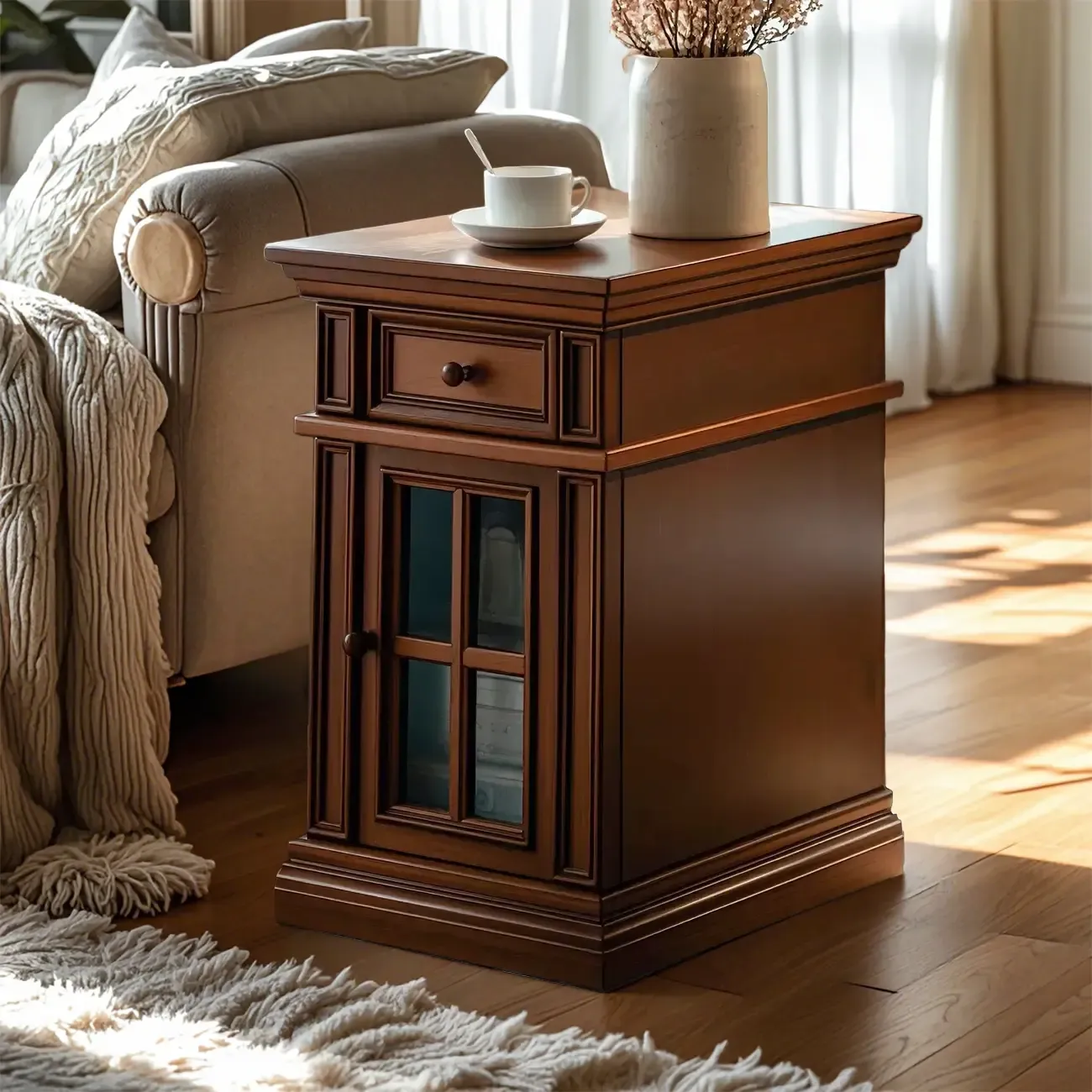 Brown Solid Wood End Table with Storage for Living Room