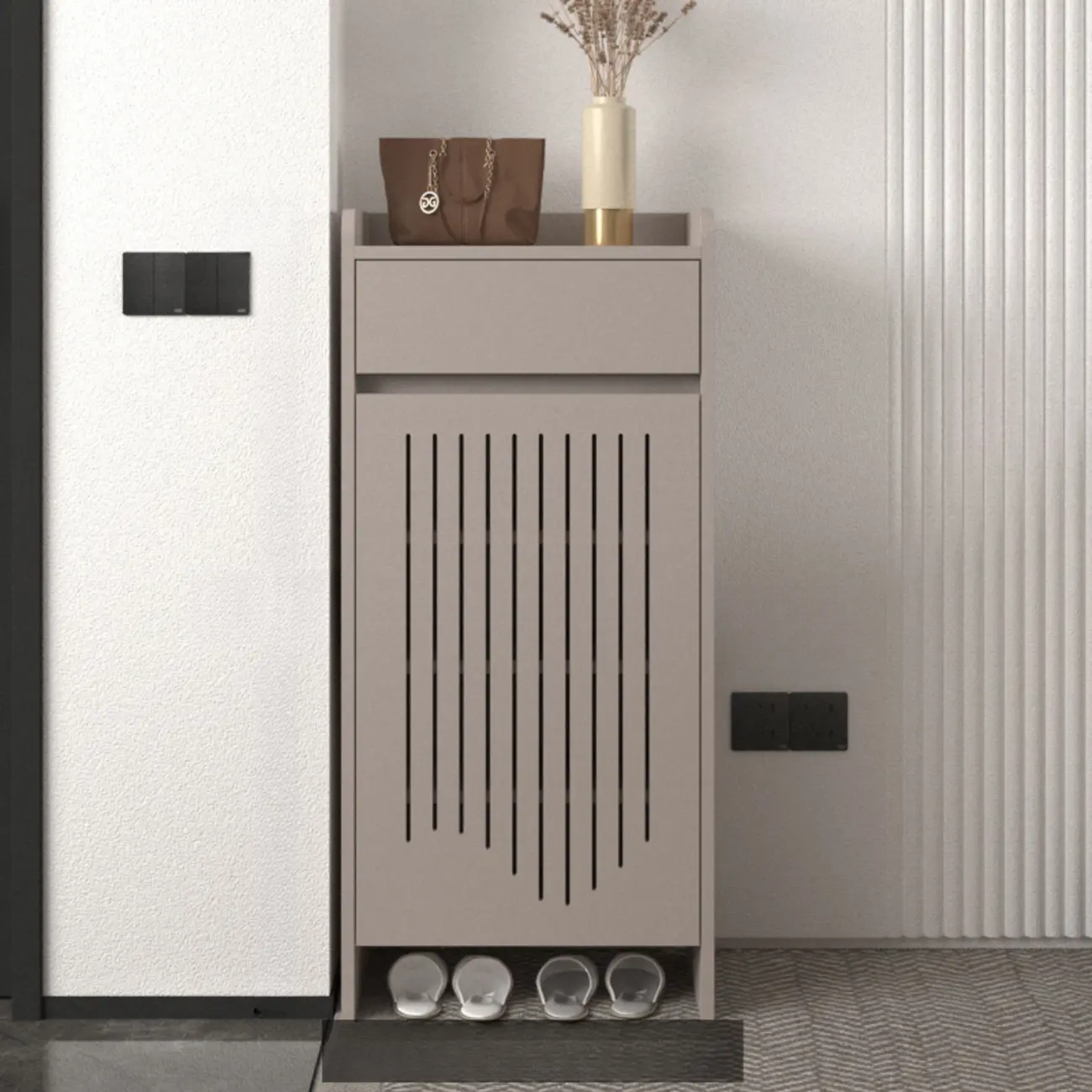 Modern Slim Wood Beige Entryway Shoe Cabinet