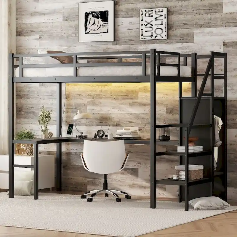 Metal Loft Bed with L-Shaped Desk and USB
