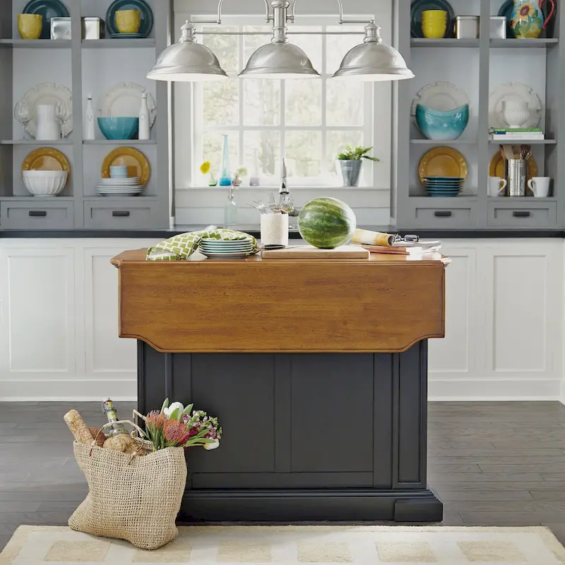 Black Kitchen Island Set with 2 Stools - Distressed Oak Top