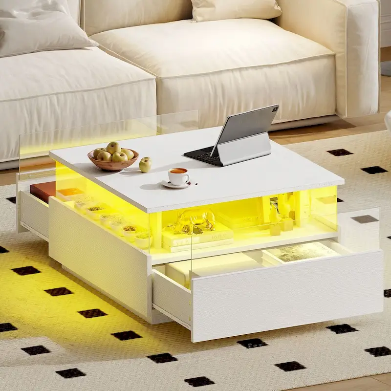 Moasis Modern Square Coffee Table with Drawers & LED Light, Acrylic and Wood Center Table