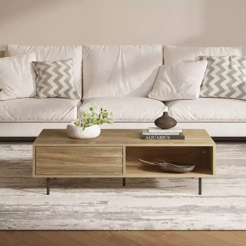 LuxenHome Mid-Century Modern Coffee Table, Wave Design Wood Table with Metal Legs, Drawer & Shelf, Farmhouse Accent Table for Living Room Brown