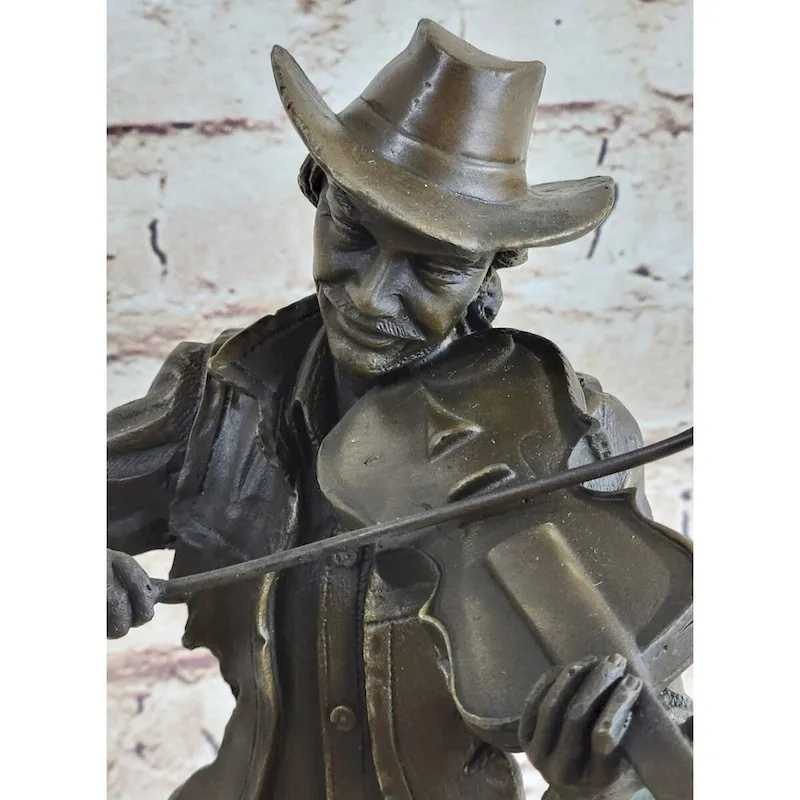 Cowboy Playing Violin Fiddle Music Bronze Sculpture Marble Statue Figurine