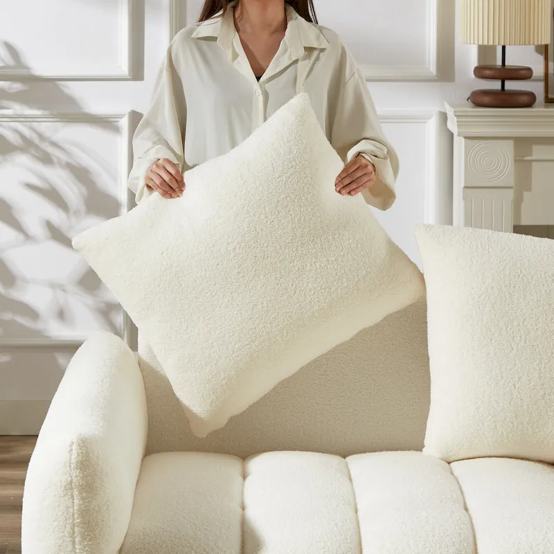 2-Pieces 6-Seat Teddy Fabric Sectional Sofa Set (3+3) with Wooden Frame & 6 Pillows