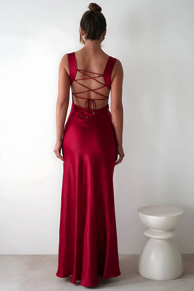 Red A-Line Square Neck Satin Long Prom Dresses with Slit