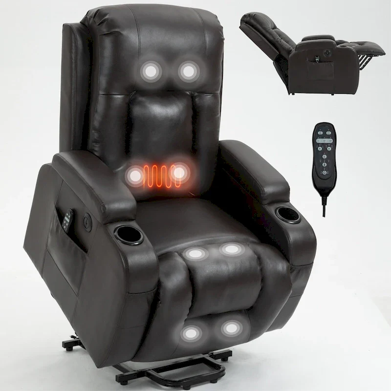 Power Lift Recliner with Massage, Heat and Cup Holders – Black / Brown, Single