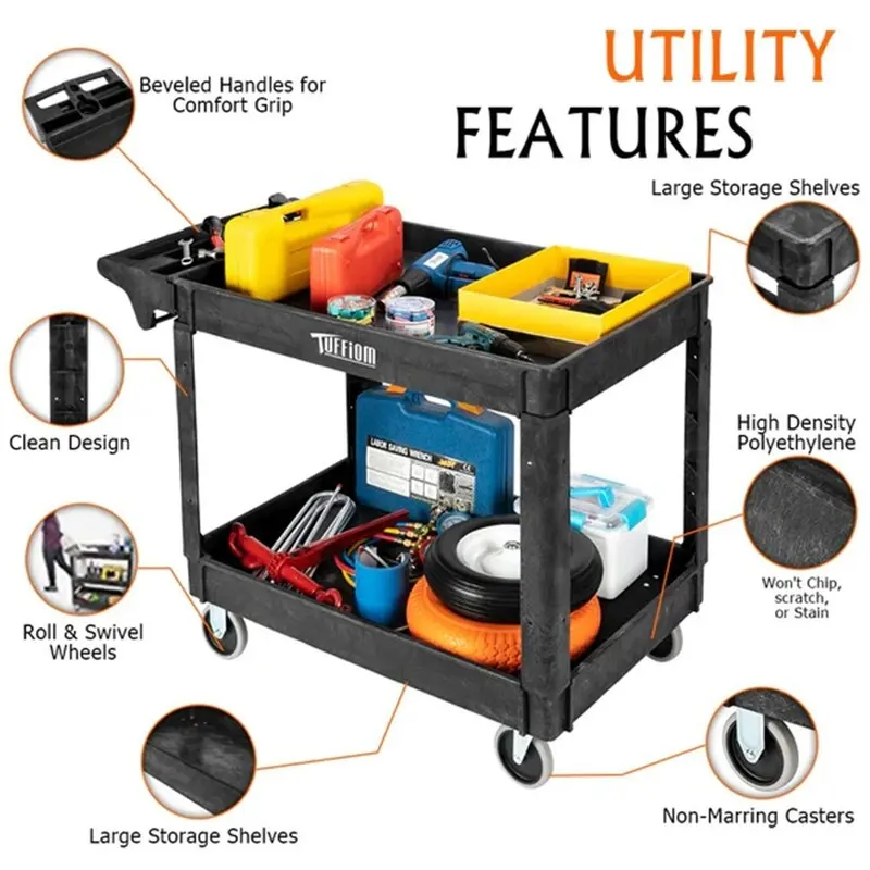2 Tier Large 550lbs Capacity Shelf Plastic Utility Cart with Wheels Black