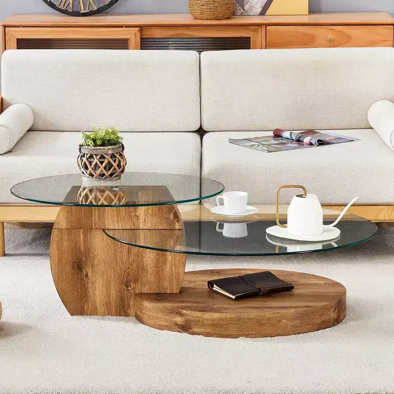 Oval Coffee Table with Double Layer Design, Glass Cocktail Table Accent Table Sofa Side Table Center Table, Marble / Wood Grain - ModernLuxe