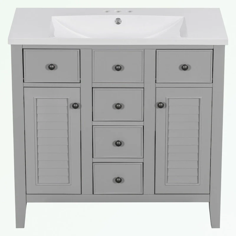 Bathroom Vanity with Ceramic Basin, Two Cabinets and Five Drawers