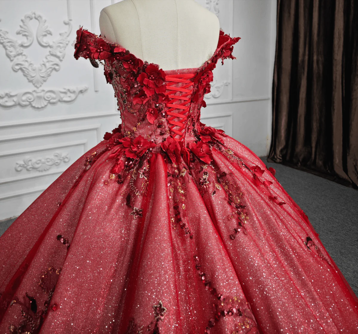 Red Flower  Off-the-Shoulder Quinceañera Dress