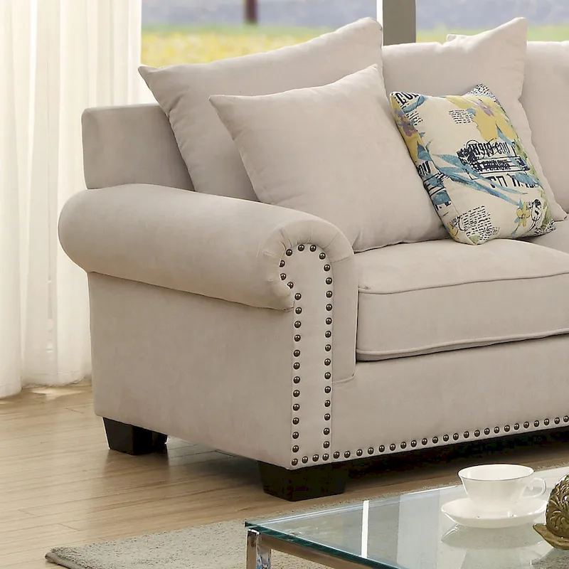 Beige U-Shaped Sectional Sofa, Nailhead Trim, Seats 6