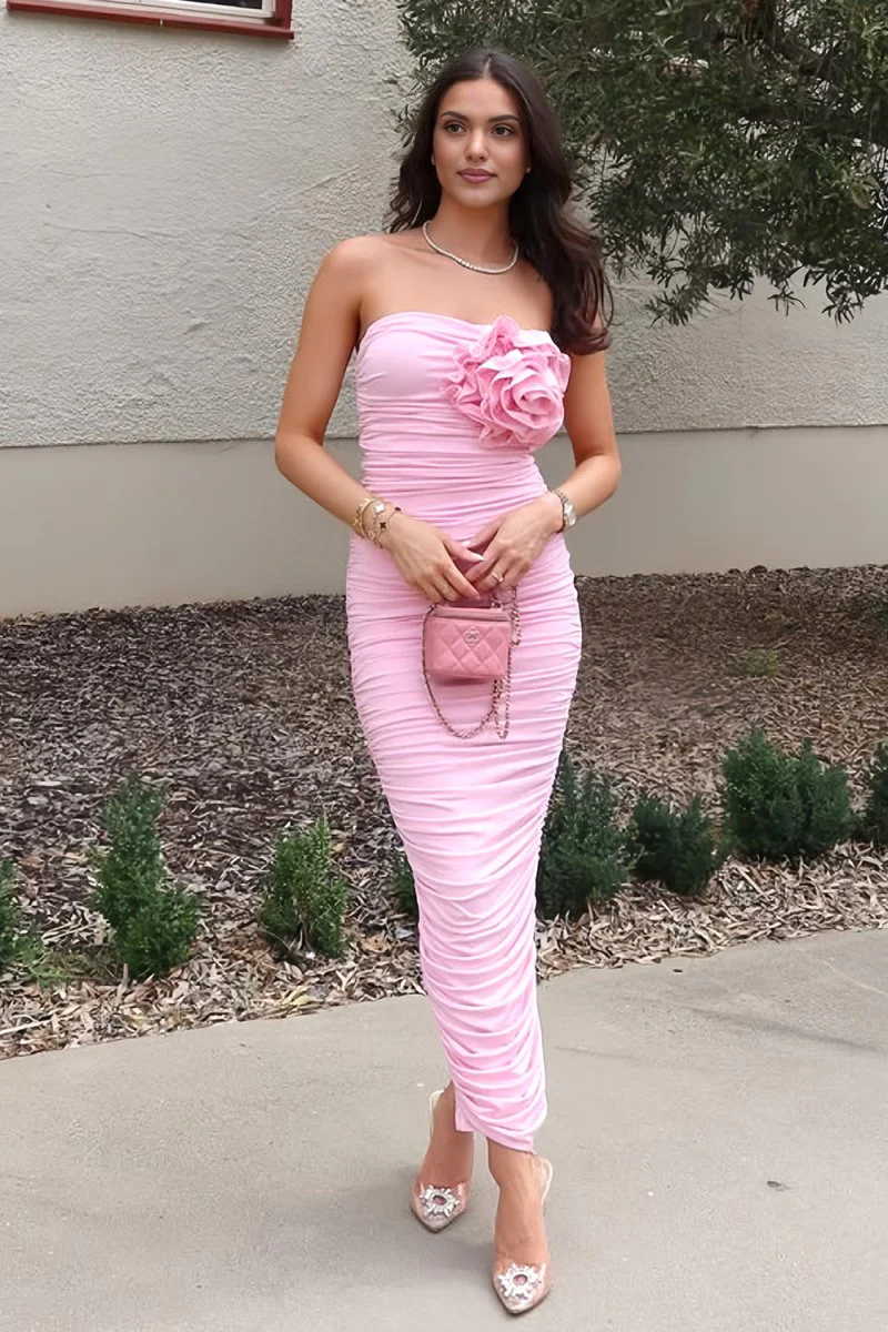 Pink - Strapless Sheath Ankle Length Pleated Prom Dresses With Flower