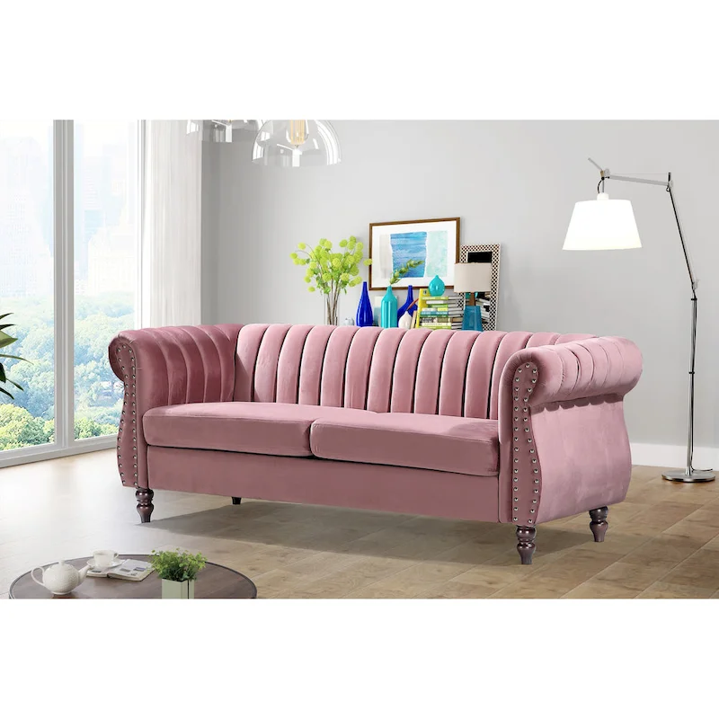 Velvet Chesterfield Rolled Arm Sofa