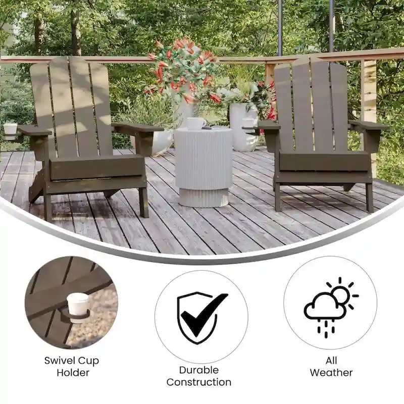 Set of 2 Commercial All-Weather Adirondack Chairs with Cupholders