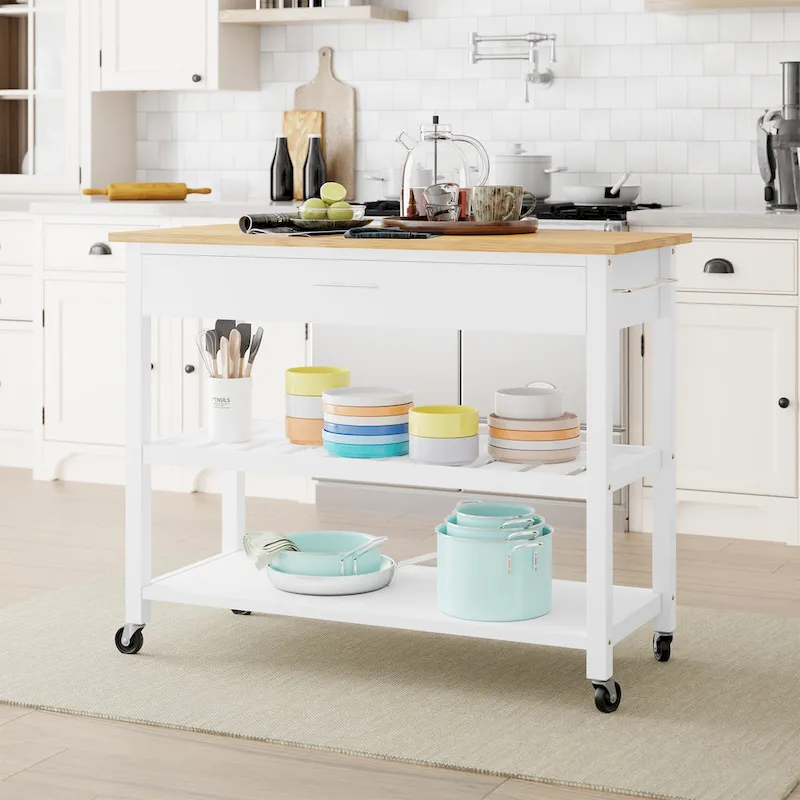 Black / White Wood Kitchen Island Cart on Wheels with Worktop, Drawers, Open Shelves & Towel Rack – Single Unit