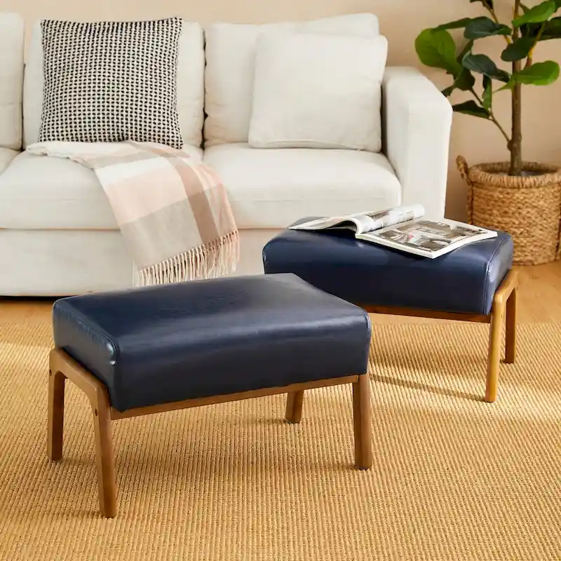 Brown Mid-Century Faux Leather Ottoman Accent Stool, Set of 2