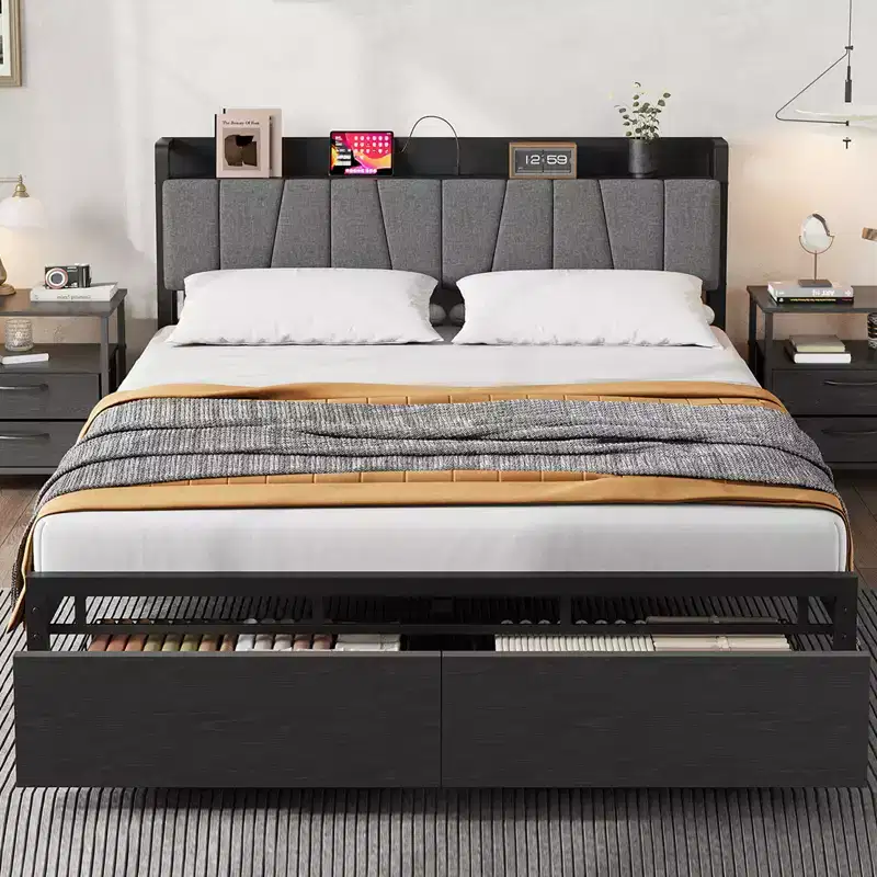 Whizmax Queen Size Bed Frame with Upholstered Headboard, Industrial Queen Platform Bed with 2 Storage Drawer and Charging Station No Box Spring Needed