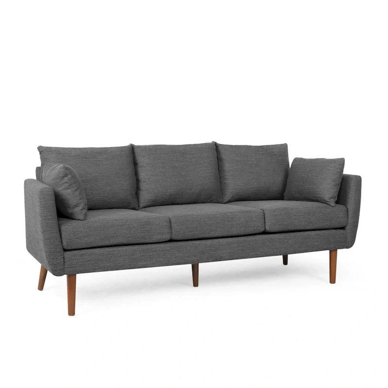 Charcoal Fabric 3-Seater Sofa with Pillow Back and Birchwood Legs