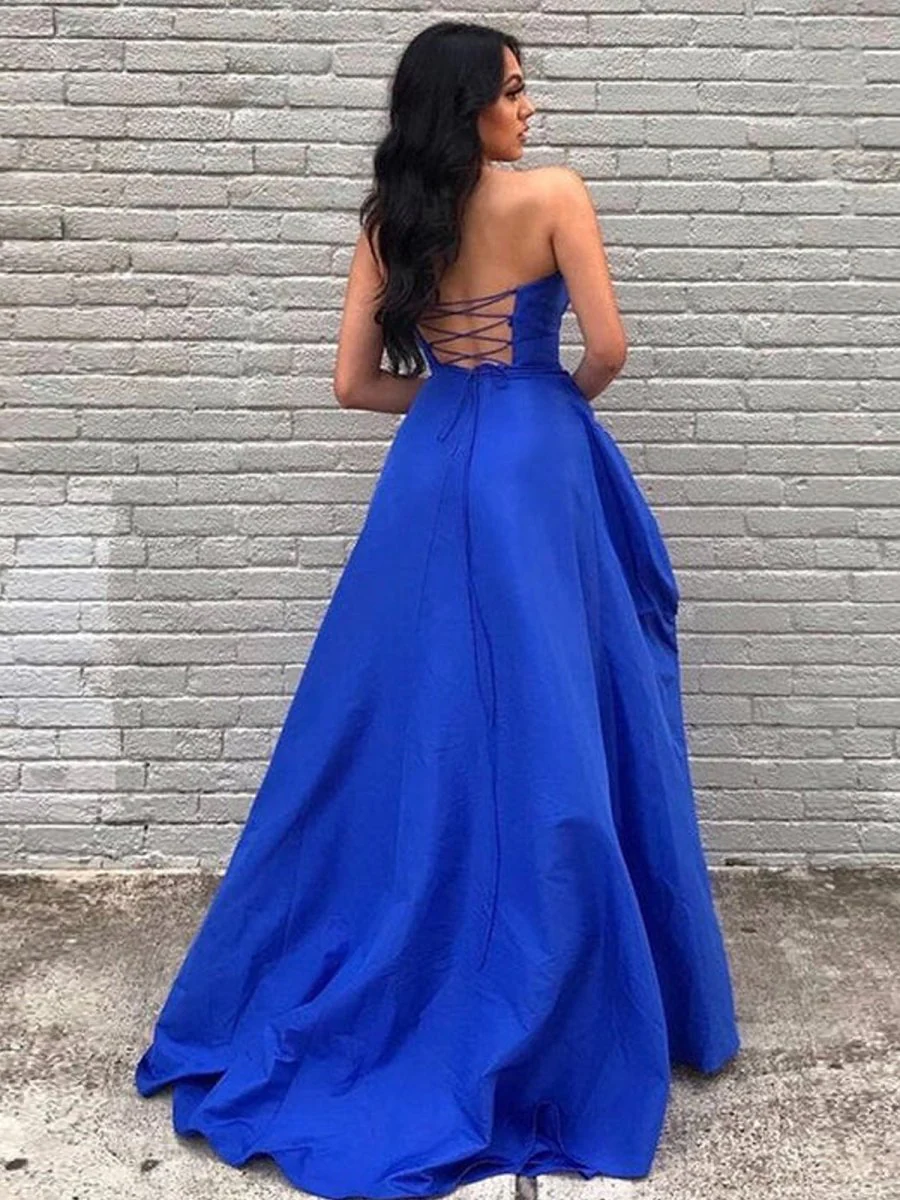 A Line Sweetheart Satin Long Prom Dresses with Slit