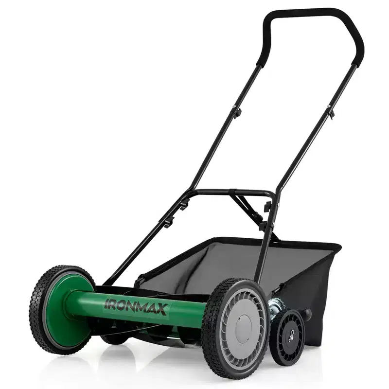Ironmax 16 Push Lawn Mower,Cordless Manual Reel Mower,6.9Gallon Removable Grass Catcher Black + Orange/Green/Red
