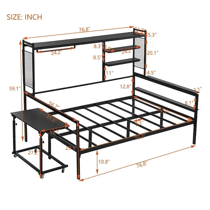 Metal Daybed with Movable Desk, Shelves and Clothes Hanger