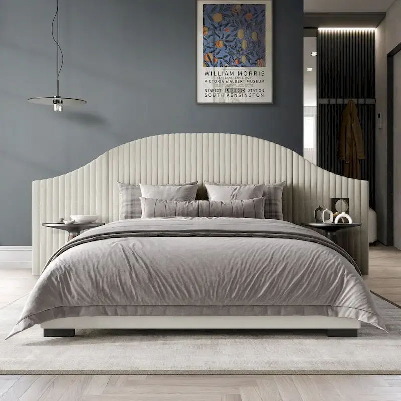 Beige / Light Grey Wall Panel Bed with Vertical Stitching Headboard, Queen / King, 2-Person