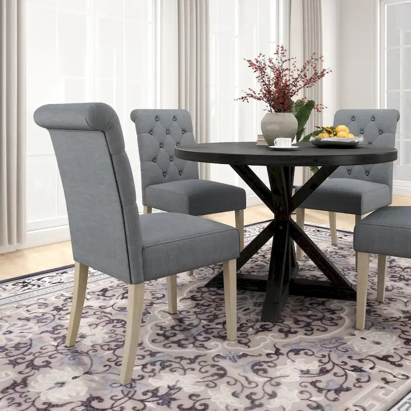 5 Piece Dining Table Set, Wooden Kitchen Furniture Set, Round Table with Cross-Buck Pedestal Base and 4 Tufted Chairs
