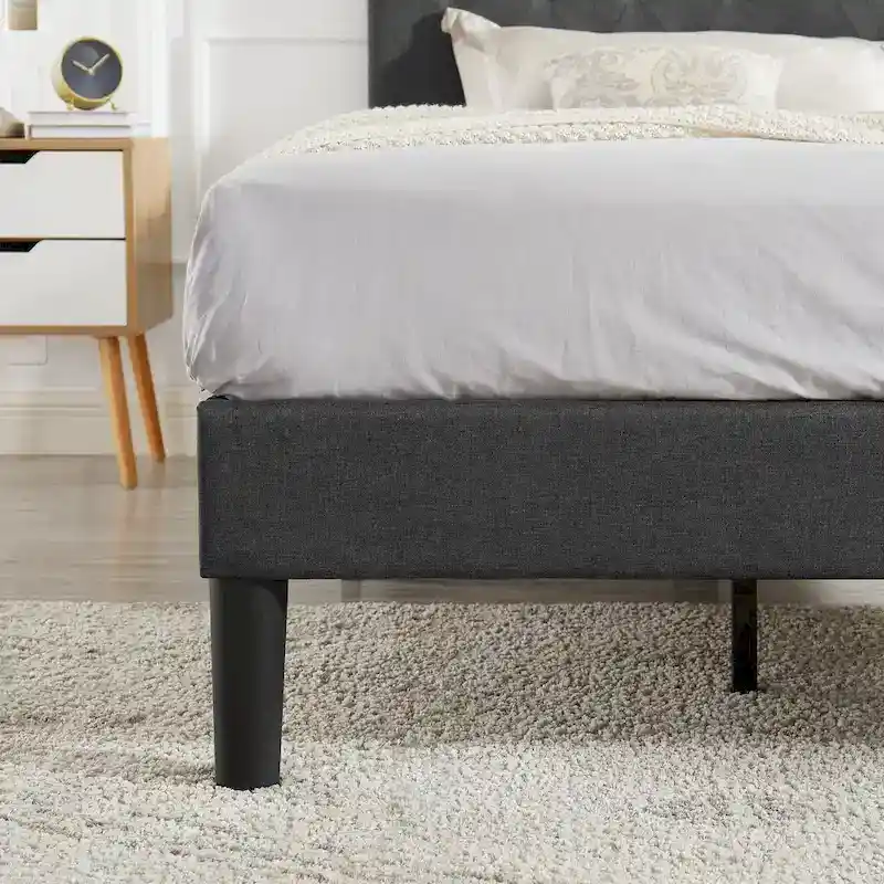 VECELO Modern Upholstered Bed with Height Adjustable Tufted Headboard ,Dark Grey