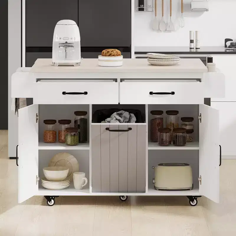 sumyeg Kitchen Island Cart with Trash Can Storage, Drop Leaf, Spice Rack, Towel Rack and Drawer, Rolling Cart with Adjustable Shelf for Kitchen