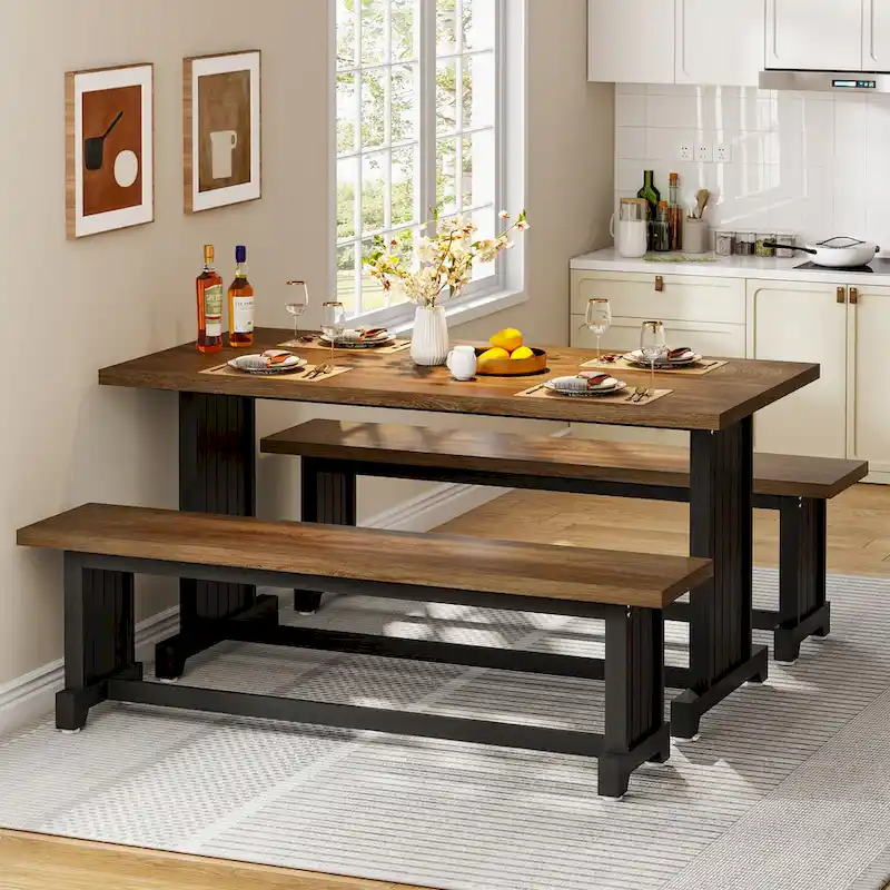 47 Inches Farmhouse Wood 3-piece Small Dining Table with 2 Benches - N/A