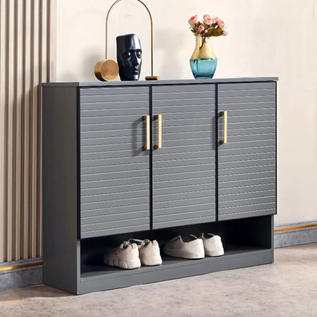 Metal Grey Shoe Cabinet with Open Bottom Shelf