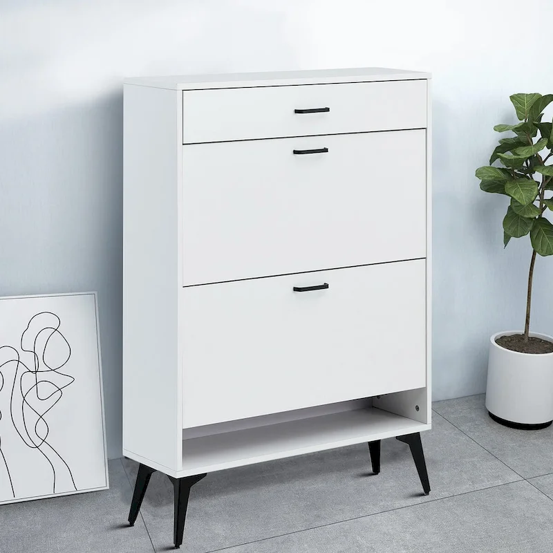 Flip-Door Wooden Shoe Cabinet, White/Antique Grey/Black, 2-Drawer, Holds 12 Pairs, for Entryway