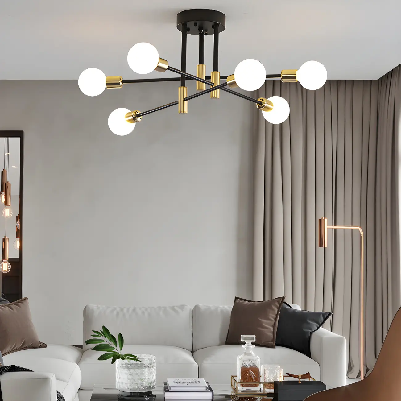 Modern Industrial Black Gold Sputnik Semi Flush Ceiling Light