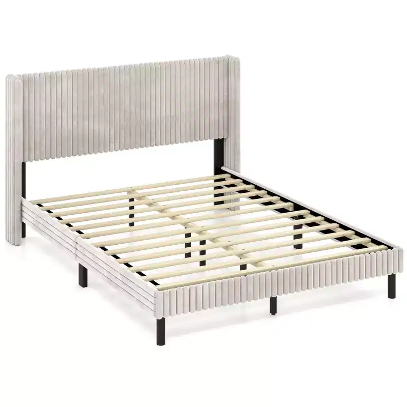 Costway Queen Size Velvet Bed Frame Upholstered Platform Bed with Wingback Headboard
