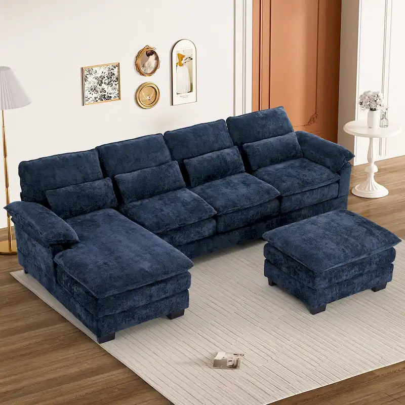 Soft Chenille Fabric U-Shaped Sectional Sofa with Double Layer Cushion