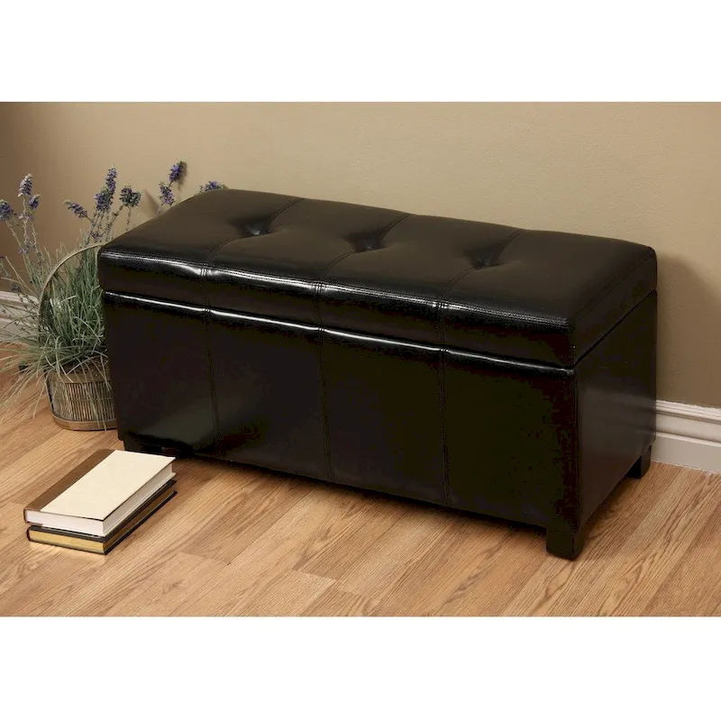 Black Faux Leather Button-Tufted Storage Bench with Removable Lid, 1-Person